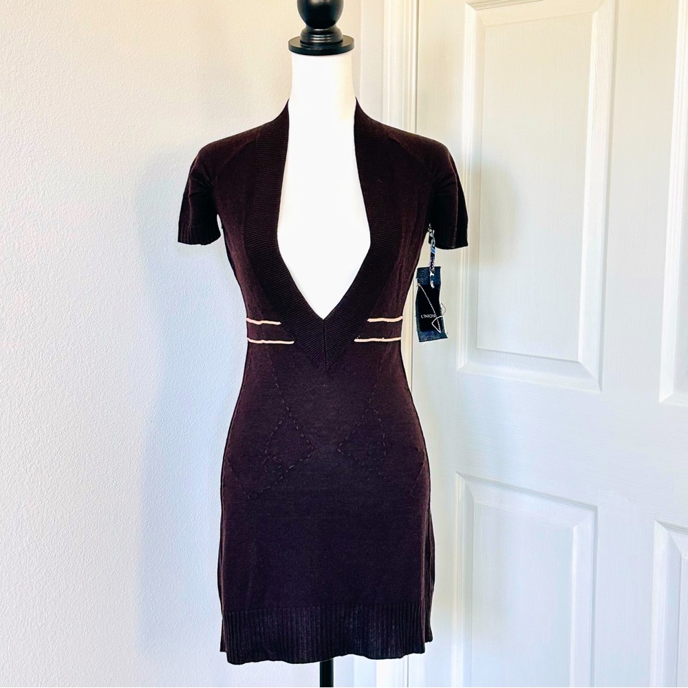NWT Silk Cashmere Knit Dress Size S Tunic V Neck Short Sleeve Brown